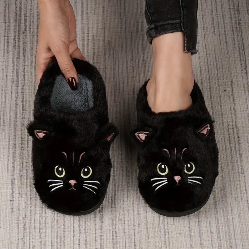Black Cat Plush Slippers Fuzzy Animal House Shoes Faux Fur Slip On Cozy NEW